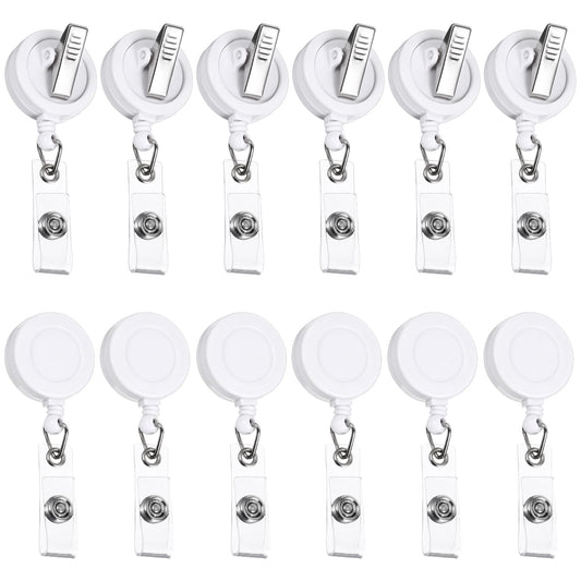 12 PCS Retractable Badge Holder Clip, Heavy Duty Badge Reels Plastic Id Name Badge Holder Id Card Holder Lanyard Retractable with Swivel Alligator Clip for Students Teachers Office Workers, White