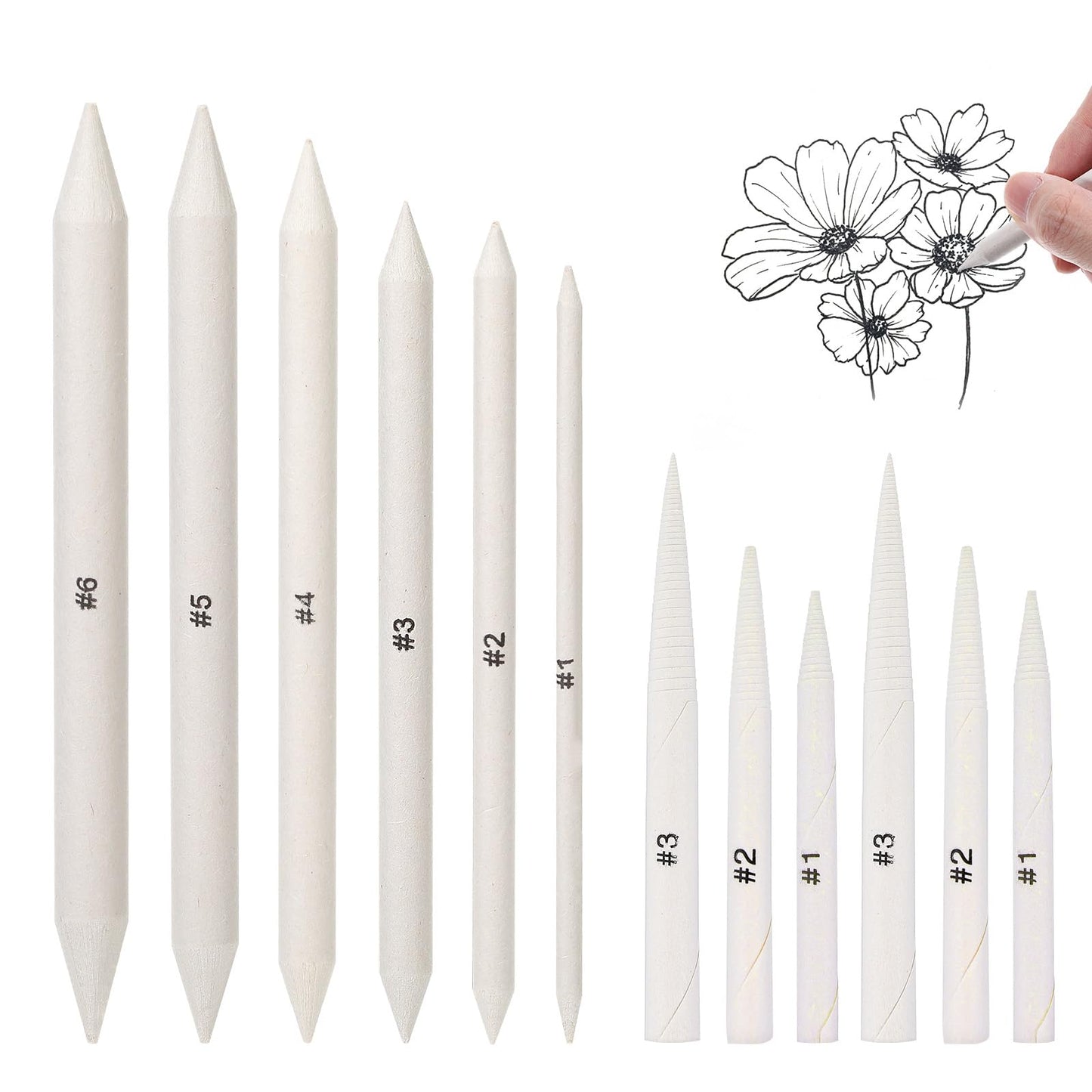 Blending Stump, 12 Pcs Tortillions Blending Pencil Oil Pastel Tools Shading Pencils Soft Paper Felts Sketch Sticks for Artist Student Sketch Drawing Supplies (6 Sizes, 2 Style)