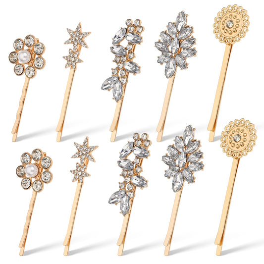 10Pcs Rhinestone Bridal Hair Clips Leaf Wedding Hairpin Bride Crystal Hair Clips Diamond Gold Hair Barrettes Elegant Hair Slides Accessories for Brides Bridesmaids Flower Girls