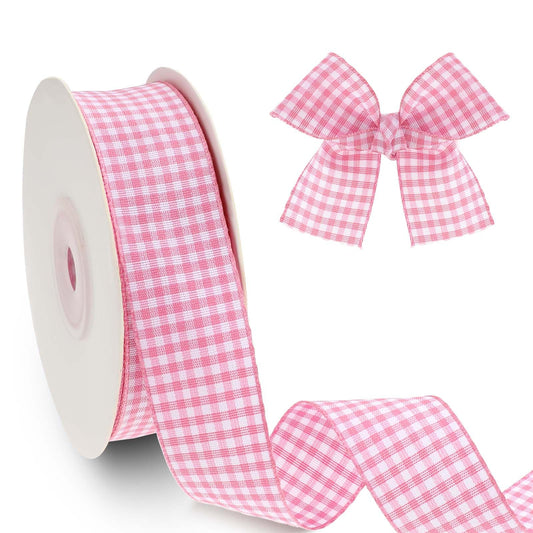 Pink White Check Plaid Wired Ribbon 1 Inch 25 Yd Wide Plaid Checkered Ribbon with Woven Edge Pink Bows for DIY Crafts Flower Bouquet Wrapping Home Easter Christmas Wreath Wedding Decoration