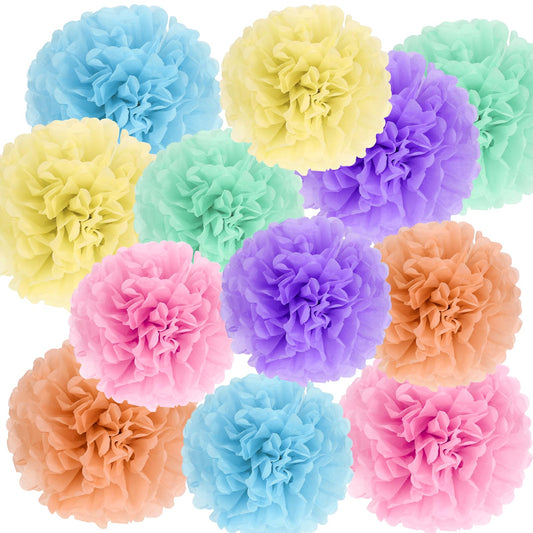 12 Pcs Pastel Tissue Paper Pom Pom Paper Flower Ball Pastel Rainbow Party Decorations Streamers Paper Lanterns Fan Macaron Flowers Wall Hanging Decorations for Wedding Birthday Baby Shower