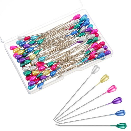 100 PCS Colored Heads Corsage Pins, 2 Inch Corsage & Quilting Pins Teardrop Pearl Sewing Pin Long Boutonniere Pin Colourful Bouquet Straight Pin for Jewelry DIY, Sewing, Wedding, Craft
