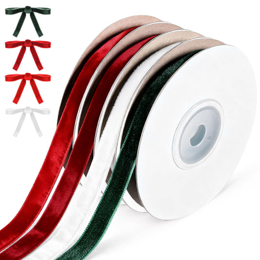 4 Colors Velvet Ribbon, 2/5" X 40 Yard Christmas Ribbons for Crafts Satin Velvet Ribbon for Crafts Gift Wrapping DIY Hair Bows Sewing Christmas Tree Wreath Party Decorations (Red, Green, White, Brown)