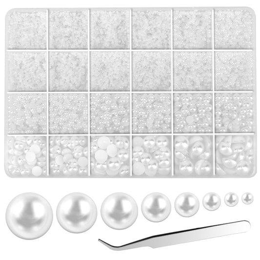 11330pcs Flat Back Pearl 8 Sizes Flatback Pearl Beads Half Round Pearls Bead with Tweezer for Crafts DIY Nails Body Face DIY Phone Case Making