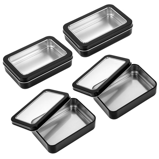 Metal Tins with Lids, 4 Pieces Rectangular Tin Box Containers Small Tin Box Portable Stash Box Empty Tin Boxes with Detachable Clear Window Lid for Home Candy Food Jewelry Crafts Organizer, Black