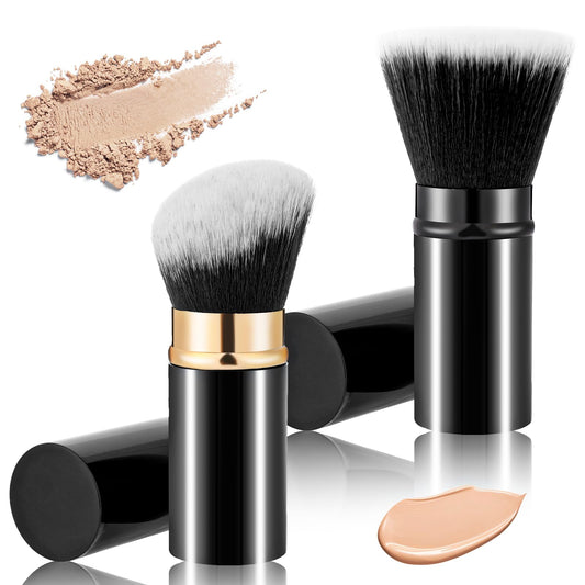 Retractable Makeup Brush,2 Piece Kabuki Brush Foundation Brush Travel Blush Brush Angled Cosmetic Brush Portable Powder Brush with Cover,Flat Top Bronzer Brush with Aluminum Handle