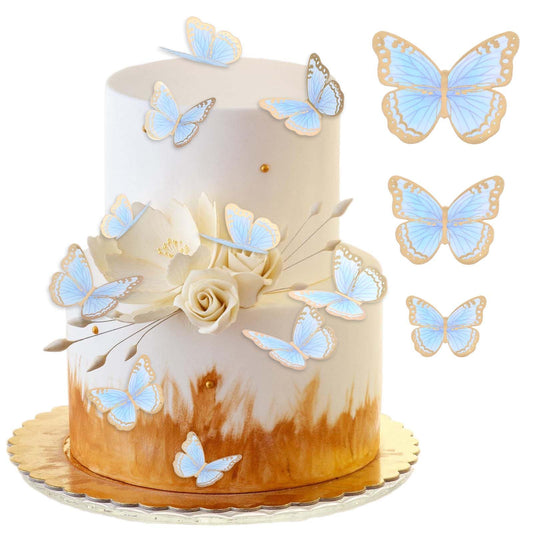 30 Pack Blue and Gold Butterfly Cake Toppers, Butterfly Cupcake Toppers Birthday Party Decor, Mix Sizes Women's Birthday Cake Party Decorations Supplies, Baby Shower Wedding Cake Decor
