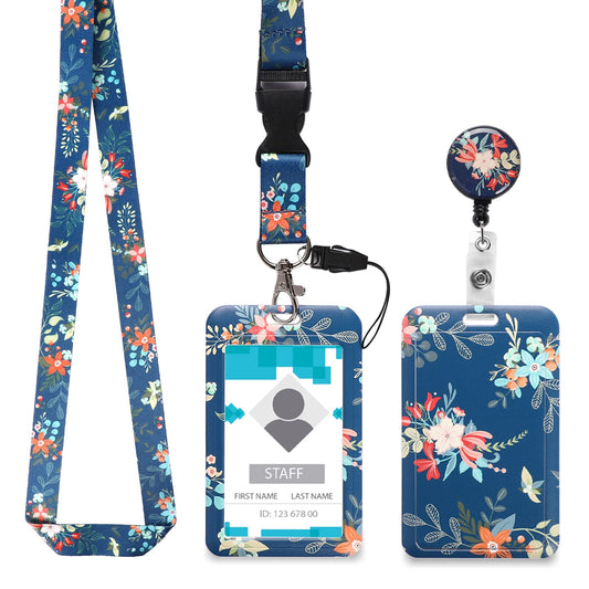 2 Pcs ID Badge Holder with Lanyard Retractable Name Card Holder Dark Blue Flower Lanyard for Neck with Card Holder for Women Students Teacher