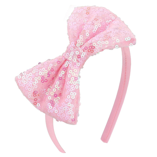 Girls Pink Headband with Bow Hairband Sparkly Bow Tie Hair Band, Sparkly Sequin Bow Headband for Girls, Glitter Bow Tie Headband Bow Head Band for Girls, Kids, Women
