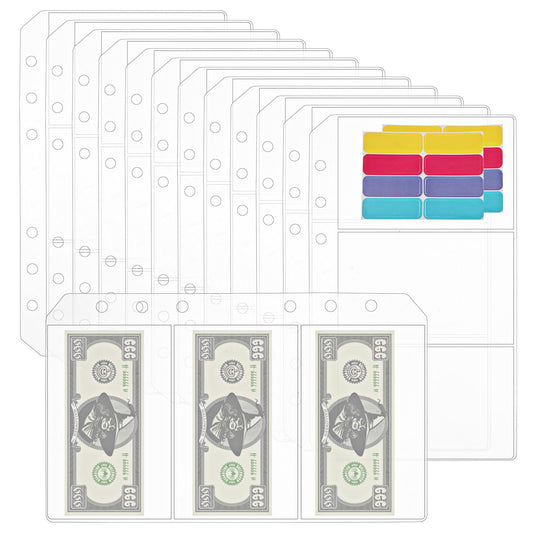 Binder Pockets, 12 Pcs A6 Zipless Cash Envelopes for Budgeting, Clear PVC Binder Pouch 6-Holes Waterproof Loose Leaf Binder Sleeves for Organizing Photos Cards Bills, with 16 Sticky Binder Labels
