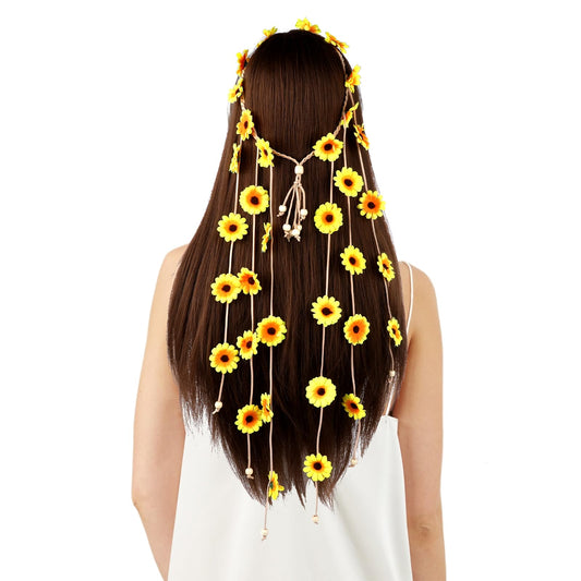 KALIONE Flower Headband Sunflowers Hair Accessories Sunflower Hair Band Floral Hippie Headband Yellow Flower Hair Band Boho Hair Accessories Flower Wreath Hair Wedding Headpiece for Photo Shoots