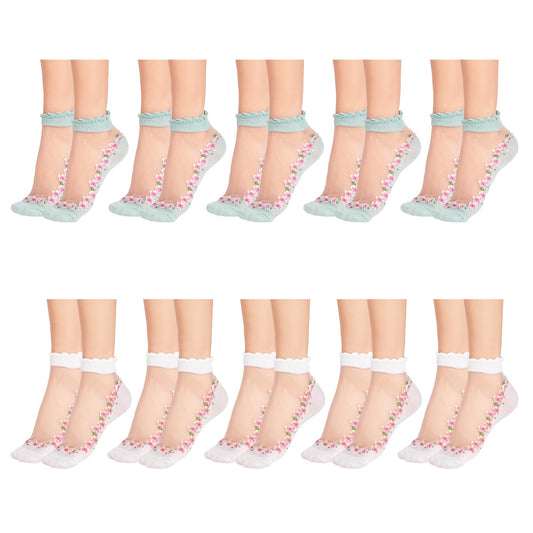 KALIONE 10 Pairs Crystal Glass Flower Ankle Socks Women's Sheer Floral Socks Mesh Lace Socks, Summer Thin Low Cut Mesh Lace Socks, Nylon Silk Boat Socks for Girls