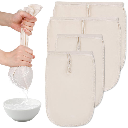 Pack of 4 Cotton Nut Milk Bags, Reusable Cheese Fabric Bags for Sieving, Cold Brew Bag, Fine Mesh Filter with Drawstring, Nylon Nut Bag for Cheese Preparation, Coffee Strainers, Juices
