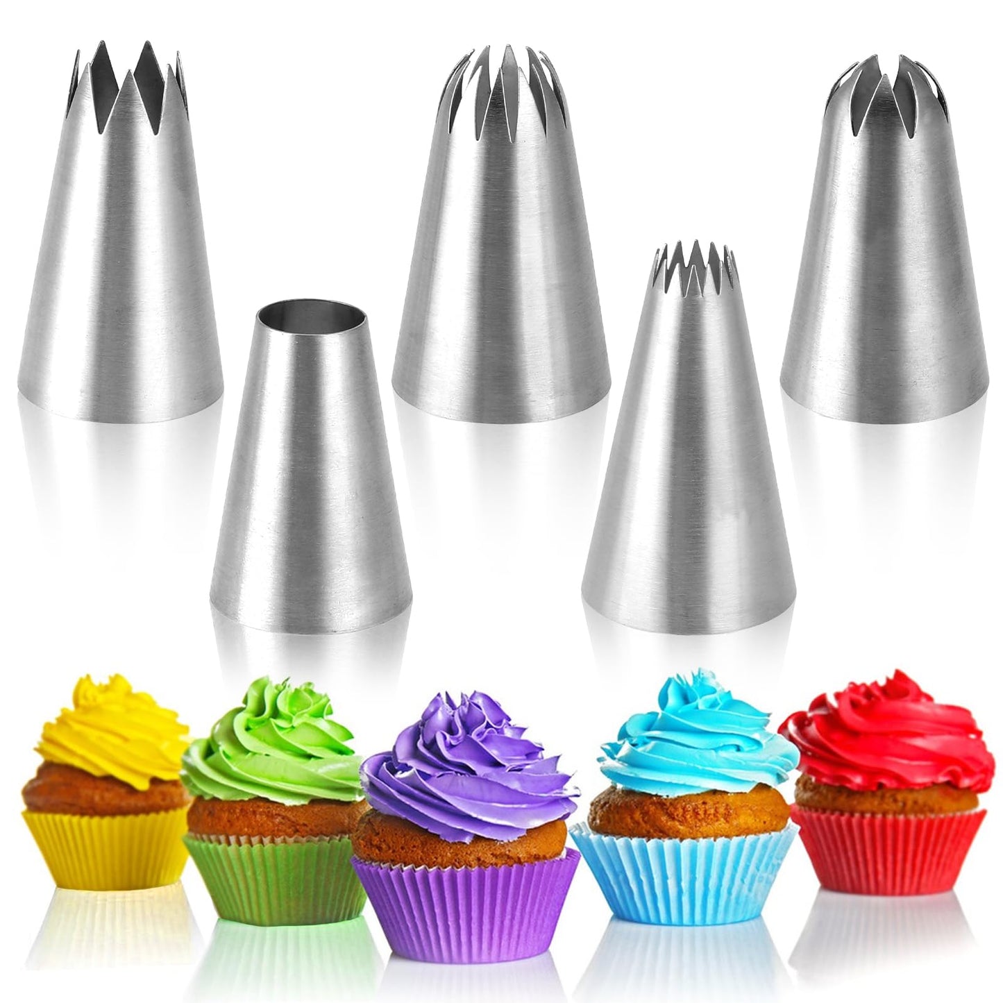 Piping Bags and Nozzles Set, 5 Pcs Large Piping Tips Set Stainless Steel Frosting Piping Tips Cupcake Pastry Tips for Cake Cookies Cupcake Decorating (1A 1E 348 347 356)