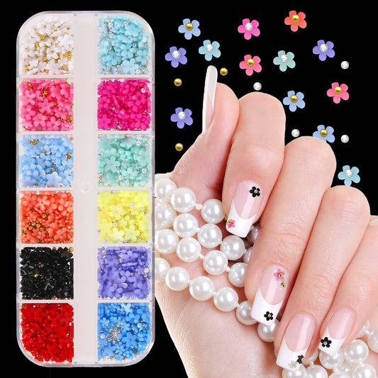 12 Grid 3D Colorful Nail Rhinestones Flower Nail Charms Acrylic Nails Flowers Pearl Nails Caviar Beads Nail Dems Design Nail Charms Accessories Kit for DIY Nail Art Decorations