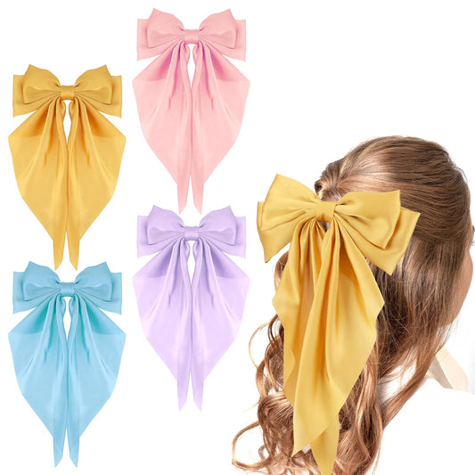 4 Pieces Silky Satin Hair Bows Ribbon Hair Barrettes Clip Big Bow Hair Clips for Women Girls French Barrette Long Tail Hair Accessories Purple, Blue, Pink, Yellow