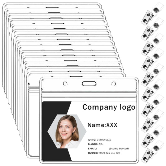 15 Pcs Badge Holder with Clip Clear PVC Horizontal Badge Holder and Metal Badge Clip Extra Thick Name Badge Holders ID Card Holder Waterproof Name Tag Holder with Waterproof Resealable Zip