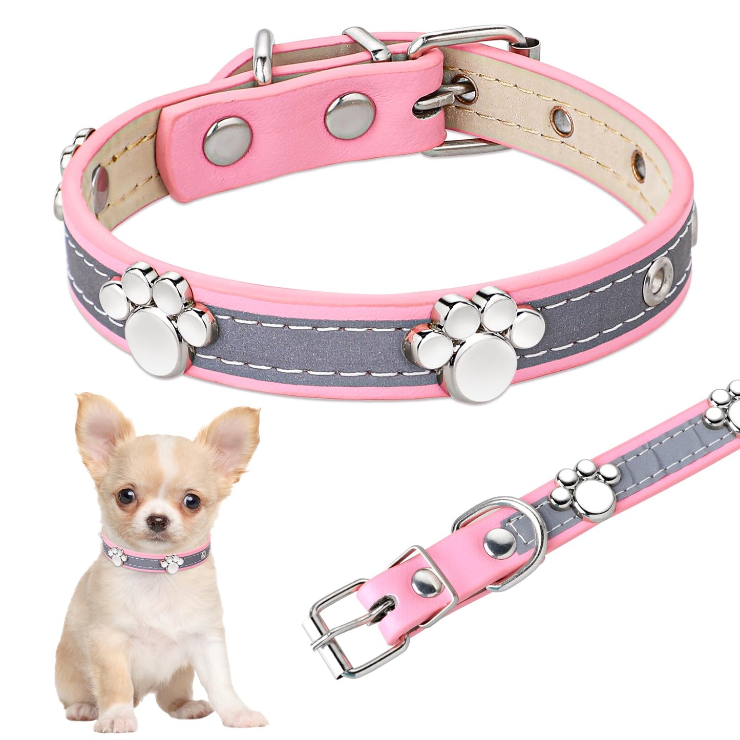 1 Pcs Reflective Leather Dog Collar, Adjustable Puppy Dog Collars with Cute Paw Rivet for Small Medium Large Dogs Cats