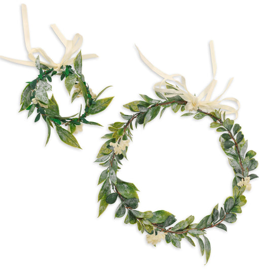 KALIONE Flower Crown Set Garland Headdress with White Imitation Frost Boho Artificial Flower Wreath for Festival Party Wedding (1 x Flower Crown and 1 x Hand Garland)