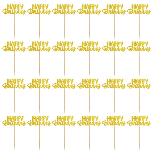 24 Pcs Gold Happy Birthday Cupcake Toppers Glitter Celebrating Birthday Cake Picks for Baby Shower Kids Birthday Party Decoration Supplies