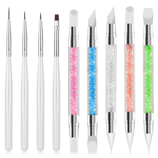 9Pcs Silicone Nail Art Acrylic Pen Brushes Set Rhinestone Nail Polish Carving Pens Silicone Nail Art Sculpture Pen - 5 Silicone Head Acrylic Handle Nail Art Brushes 4 Nail Art Brush for Resin Nail