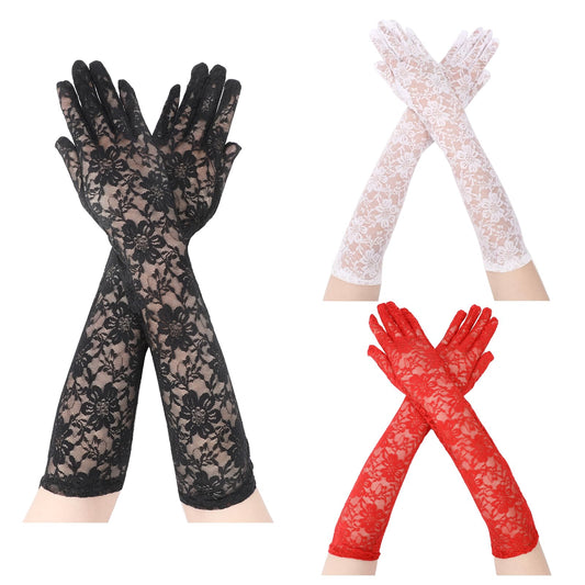 Mozeat Lens 3Pcs Long Lace Gloves for Women, Black Lace Gloves Long Gloves for Women Fancy Lace Gloves for Women Tea Party Vintage Elbow Length Gloves for Wedding Dinner Parties(Black,White,Red)