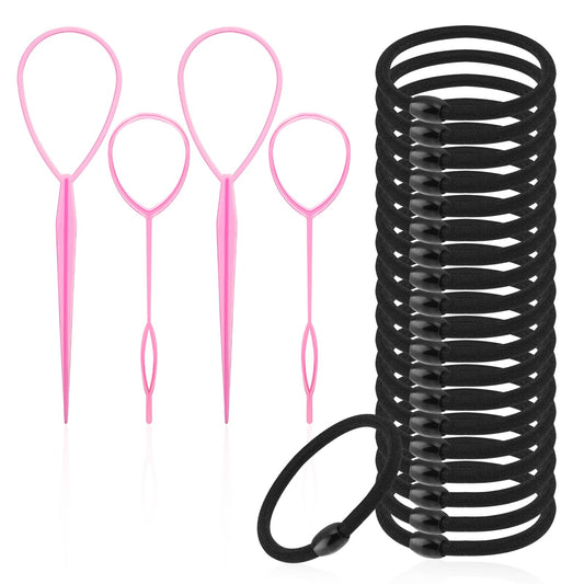 4Pcs Topsy Tail Hair Tools with 20Pcs Elastic Hair Tie Hair Pull Through Tool, Hair Flip Tool Hair Twist Tool Hair Braiding Tool Ponytail Maker Hair Tie Cutter Tool French Styling Braid Loop Tool