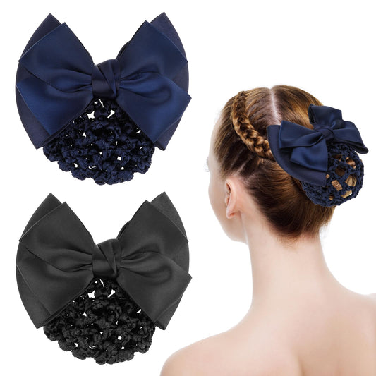 2 Pcs Hair Bun Holder Women Hair Snood Net Bowknot Hair Snood Net Elastic Mesh Hair Bun Cover Women Hair Clip with Butterfly Ribbon Barrettes Net Snood Hairnet Bow-knot Decor