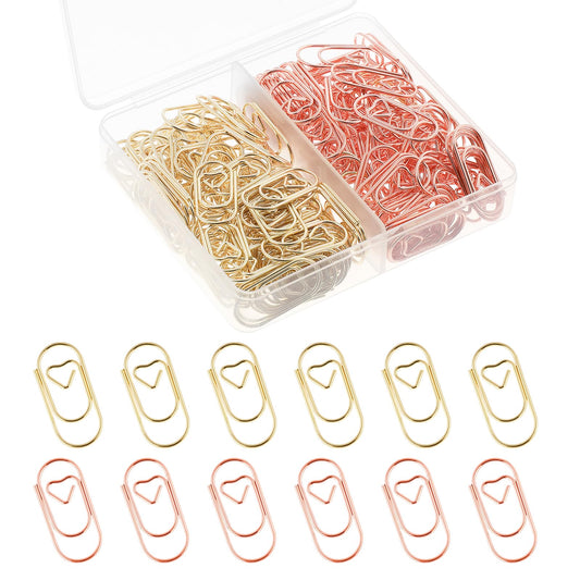 Pack of 160 Paper Clips Heart, Small Paper Clip Set, Office Clips Motif Stainless Steel Mini Cute Paper Clips with Transparent Box for Office, Classroom, File Clip, Postcards (Gold, Rose Gold)