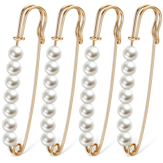 4 Pcs Faux Pearl Brooch Pins Decorative Safety Pins Pearl Pants Clips Tighten Waist Pins Large Shawl Pins for Women Clothing Dress Pants Skirt Accessories Waist Extender Decorative Pins (Gold)