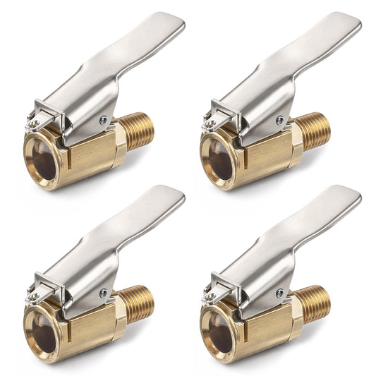 4 Pack Brass Tire Air Chuck with Clip Adapter, Locking Chuck No Leak Air Compressor Pump, Threaded Twist Connection Converts to Locking, Compatible with Schrader Valve, Durable for Vehicles, Bikes