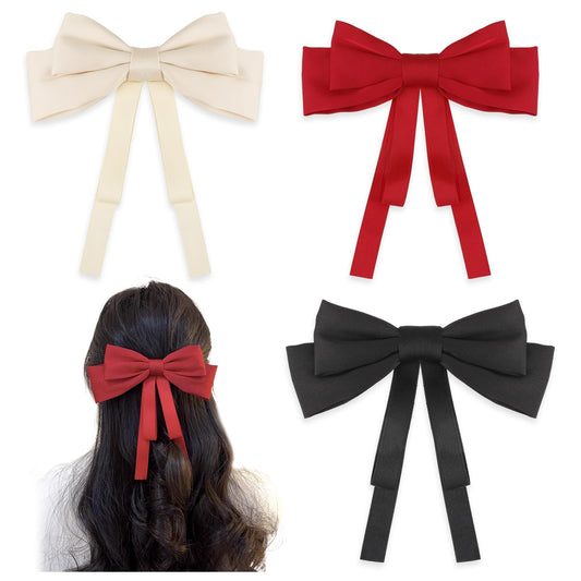 3PCS Hair Bows Clip Black Beige Red Silky Satin Hair Bows Hair Clip French Hair Ribbon Ponytail Holder for Women Girls