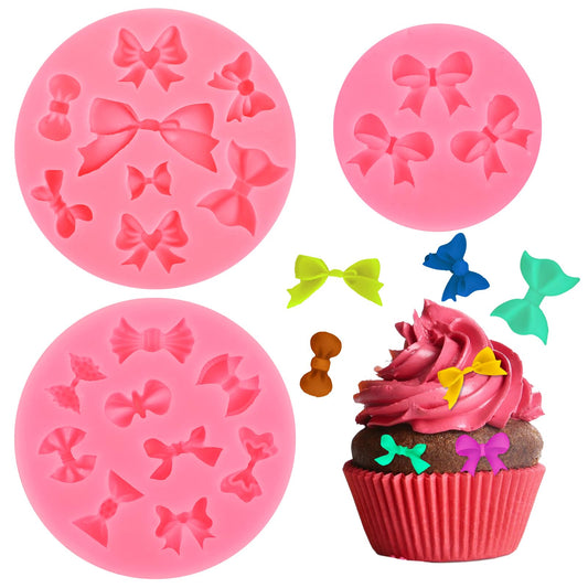 3 Pack Bows Silicone Mould Mini Bows Silicone Fondant Molds Bowknot Candy Chocolate Molds Mouse Bows Cartoon Butterfly Tie for Dessert Ice Cube Cake Baking Fondant DIY Birthday Party Cake Decorating