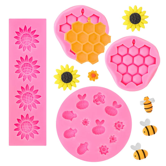 4 Pcs Bee Sunflower Silicone Fondant Molds Bumble Bee Silicone Mold Chocolate Molds Silicone Bee Mold Silicone Honeycomb Silicone Mold Clay Molds for Crafts Air Dry Sugar Chocolate Candy Baking Mold