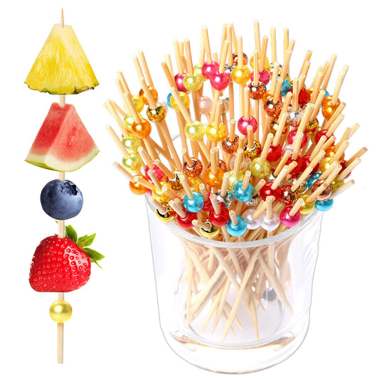Cocktail Picks, 100 Pcs Cocktail Accessories for Drinks, Colorful Pearl Bamboo Sticks, Food Picks for Kids, Fancy Toothpicks for Appetizers for Snack Sandwich Burgers Fruit(10 Colors, 4.7inch)