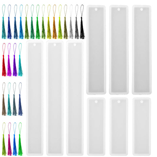 9Pcs Resin Bookmark,Bookmark Molds with Tassles DIY Bookmarks Rectangle Silicone Bookmark Molds Including 27 Pieces Bookmark Tassels and 9 Pieces Rectangle Silicone for Key Chain DIY Art Craft