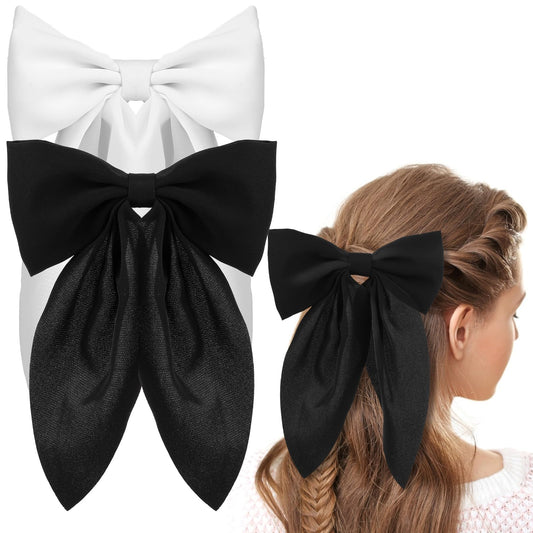2PCS Silk Bow Hair Clips for Women Girls, Cute Bow Hair Ribbons White Hair Bow Black Hair Bow Hair Clips with Ribbon Hair Accessories(Style 1)