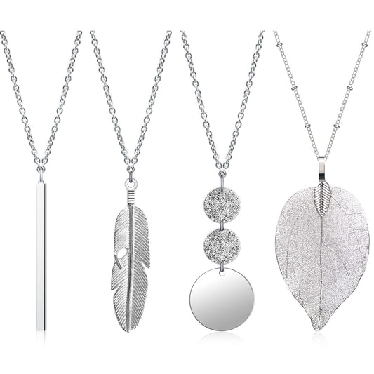 Long Pendant Necklaces for Women,4 Pieces Fashion Pendant Necklace Jewelry Long Sweater Necklaces Set Silver Bar Feather Circle Leaf Lock Tassel Y Necklace Jewelry Set Statement Necklace for Women