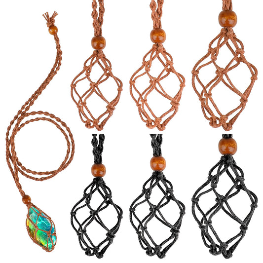 KALIONE 6 Pack Crystal Cage Necklace Empty Stone Holder Cord Necklace, Adjustable Fish Netted Necklace Cord Holder for DIY Jewelry Making Accessories (3 Sizes)