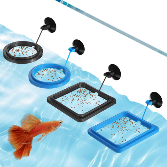 4 Pcs Fish Feeding Ring with Suction Cup Round and Square Floating Food Feeder for Aquarium Fish Feeders Aquarium Accessories for Guppy Betta Goldfish Small Fishes Blue and Black