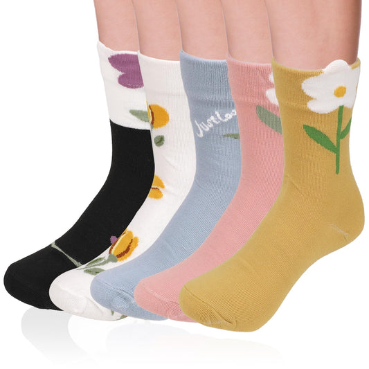 KALIONE 5 Pairs Women Cute Floral Patterned Socks for Women, Fun Socks Vintage Socks for Women, Cotton Crew Socks Novelty Colorful Girl Dress Socks Flower Socks