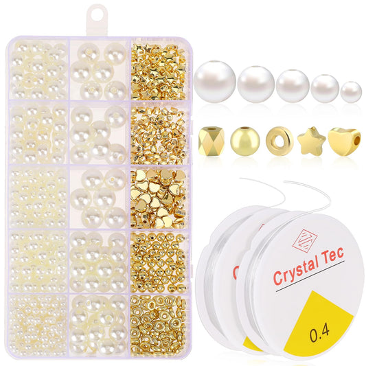 KALIONE 720 Pcs Pearl Beads Gold Spacer Beads for Bracelet Making Pearl Beads for Jewelry Making with 2 Rolls Clear Bracelet Rope for Women Girls Necklace Earrings DIY Craft Making
