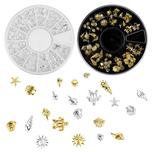 2 Disc Ocean Theme Nail Charms 3D Nail Gems Jewelry Decoration Supplies Alloy Nail Art Gems Rhinestones Decorations Silver and Gold Beach Starfish Sea Seashell Nail Decal for Manicure Design Embellish