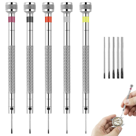 Mozeat Lens Watch Screwdriver Set for Glasses & Clock Repair Micro Precision Jewelry Screwdriver Set 5 Pcs Flathead Screwdriver 0.8-1.6mm with 5 Extra Replace Blades for Watch Repair,Jewelry Work