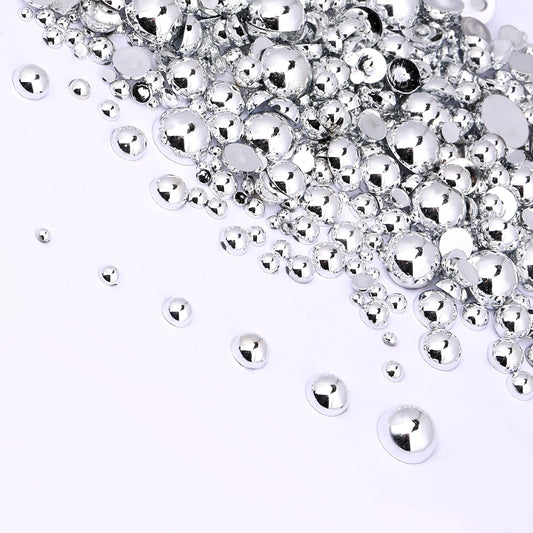 1000pcs Imitation Silver Gems Flatback Pearls Nails Silver Balls 2-8mm Half Round Ball Flatback Pearl Beads for Nails, Round Half Beads for Craft DIY Gem Decorations