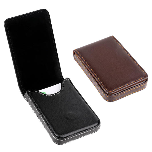 KALIONE 2 Packs Business Card Case, PU Leather Business Card Holder Vertical Magnetic Business Card Holder Pocket Slim Business Name Card Holder Wallet for Men Women(Black+Coffee)