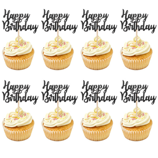 Pack of 24 Happy Birthday Cupcake Toppers Glitter Pre-Assembled Cupcake Toppers Cake Food Fruit Picks for Celebrating Birthday Party Decoration Supplies and Wedding Anniversary Party Supplies