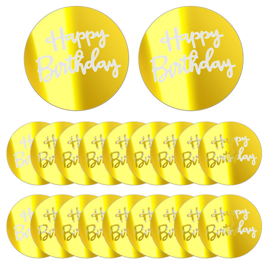 KALIONE 20 Pieces Round Happy Birthday Toppers, Acrylic Engraved Cake Toppers Mini Mirror Cupcake Toppers 2 Inch Gold Happy Birthday Cake Disc for DIY Birthday Party Cupcake Cake Topper Decorations