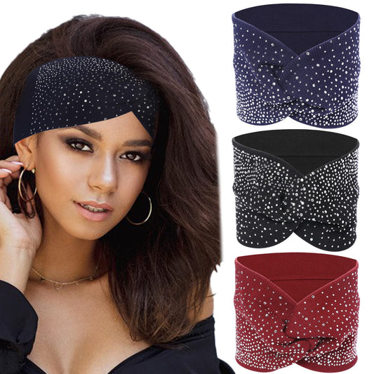 Boho Wide Headbands,3 Pack Rhinestone Head Scarf Crystal Wide Headbands Stretch Wide Headbands Elastic Turban Thick African Head Wrap Fabric Cotton Head Bands Fashion Hair Scarfs Sport Hair Bands