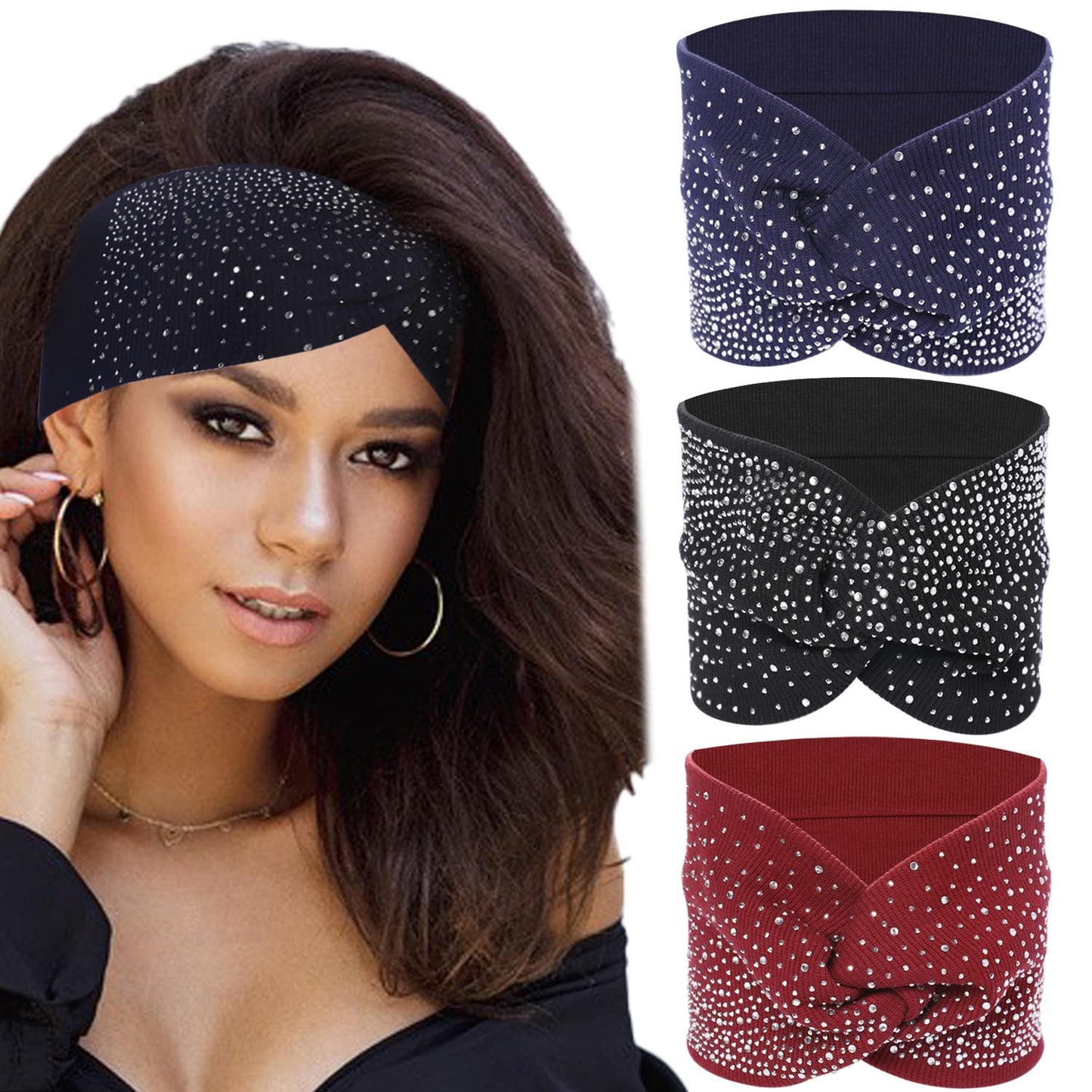 Boho Wide Headbands,3 Pack Rhinestone Head Scarf Crystal Wide Headbands Stretch Wide Headbands Elastic Turban Thick African Head Wrap Fabric Cotton Head Bands Fashion Hair Scarfs Sport Hair Bands